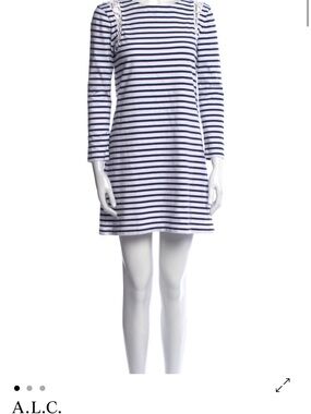 A.L.C. Navy and White Striped Long-Sleeve Shift Dress with Lace Shoulder Detail